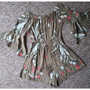 Express Olive Green Floral Off-The-Shoulder Romper - Boho Bell Sleeve
